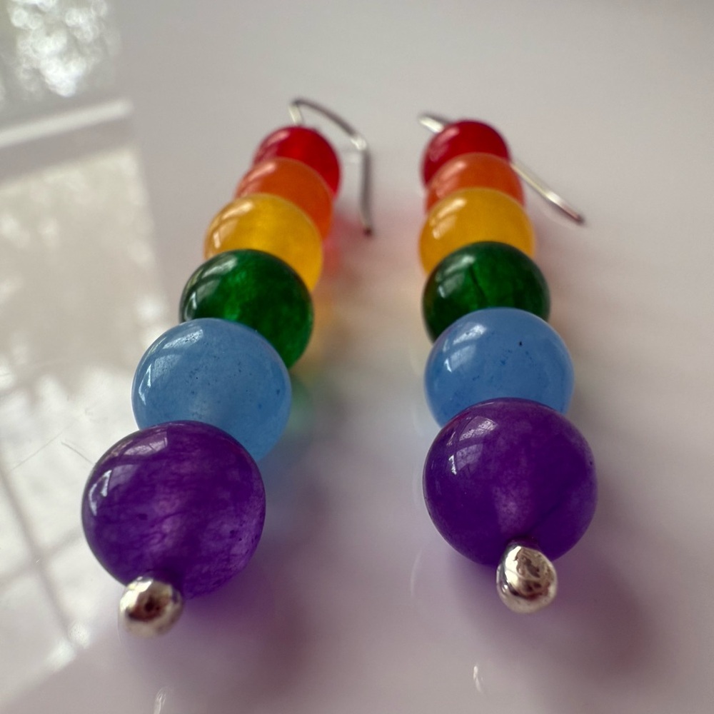 HAND CRAFTED Pride Wire Wrapped Jade Rainbow Sterling Silver Earrings - Picture 13 of 13